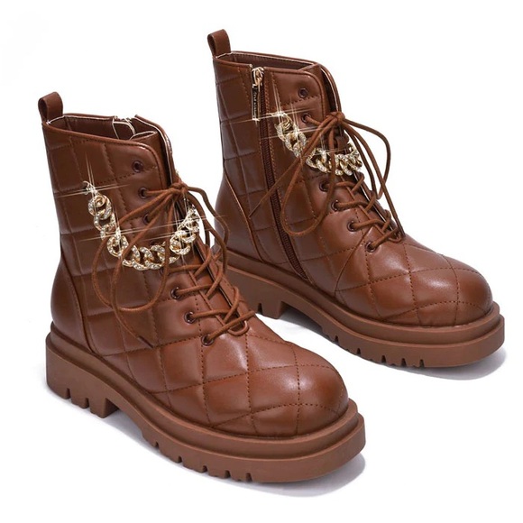 Brown quilted chain combat boot - Picture 1 of 5